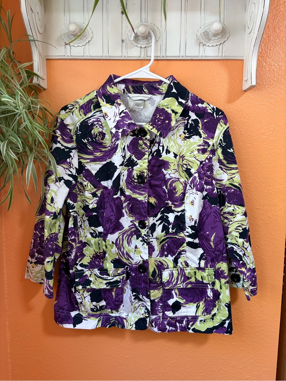 Christopher & Banks Purple and Lime Floral Button-Front Jacket - Picture 1 of 6